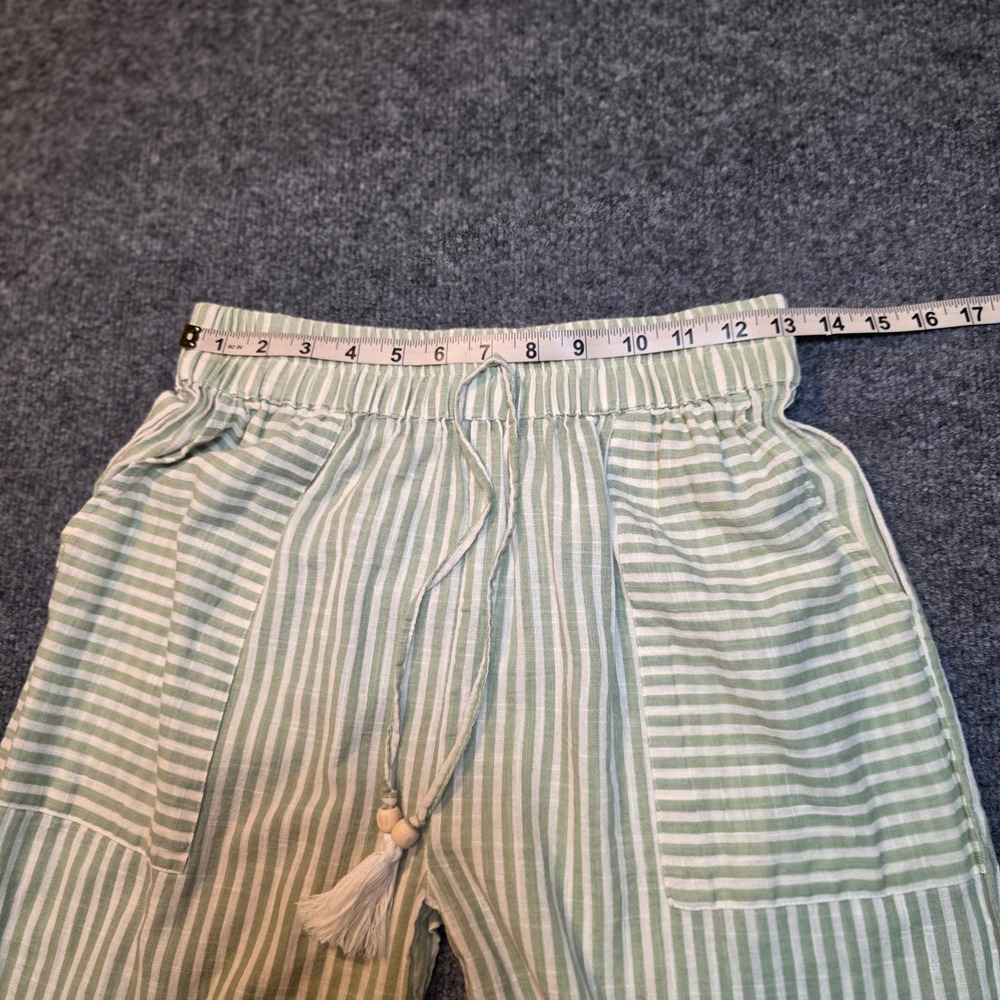 Salty Lemon Sage Green White Striped Wide Leg 100% Cotton Linen Pants Coastal - Picture 14 of 16